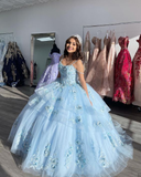 Blue Tulle Appliques Puff Prom Dress Quinceanera Dress Ball Gown HZ1023