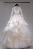 Elegant A Line Long Sleeve Beaded Sequin Tiered Tulle Wedding Dress HZ1023
