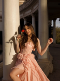 Princess A Line Sweetheart Neck Ruffle Light Pink Tulle Prom Dress Evening Dress with Slit HZ1023