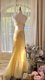Light Yellow Mermaid Spaghetti Strap Sequin Beaded Chiffon Open Back Party Dress Evening Dress HZ1023