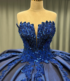 Pretty Ball Gown Sweetheart Neck Sequin Appliques Dark Blue Satin Sweet 16 Dress, Quinceanera Dress HZ1023