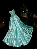 Stunning A Line Spaghetti Strap Beaded Blue Satin Long Prom Dress Party Dress HZ1023