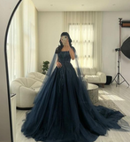 Glitter Navy Blue Square Neck Tulle Long Prom Dress Ball Gown Quinceanera Dress HZ1023
