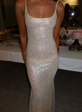 Charming Sheath Spaghetti Straps Champagne Sequin Long Prom Dress Evening Dress HZ1023