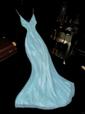 Blue Mermaid V Neck Beaded Chiffon Satin Long Prom Dress Party Dress HZ1023