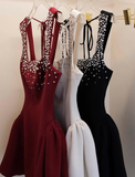 Cute A Line Strap RhineStone Burgundy Satin Short Party Dress Homecoming Dress HZ1023