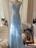 Light Blue A Line Spaghetti Straps Appliques Tulle Open Back Party Dress Evening Dress HZ1023
