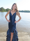 Navy Blue Mermaid Spaghetti Strap Layered Satin Prom Dress Party Dress Date Dress HZ1023