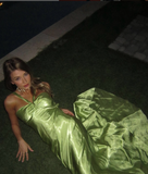 Sexy A Line Halter Green Satin Long Prom Dress Evening Dress HZ1023