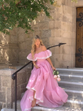 Pink Tulle Off The Shoulder Lace Long Prom Dress£¬Elegant Evening Dress HZ1023