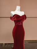 Burgundy Mermaid Off the Shoulder Sequin Velvet Long Prom Dress Party Dress HZ1023