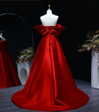Elegant A Line Off the Shoulder 3D Flower Red Satin Prom Dress Evening Dress HZ1023