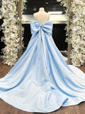 Blue A-Line Spaghetti Strap Bow Satin Long Prom Dress Graduation Dress HZ1023