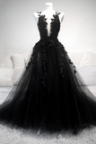 Black v neck lace long prom dress A line evening dress HZ1023