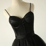 Elegant Black Straps Tulle Sweetheart Prom Dress, Black Party Dress HZ1023