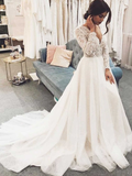 R0125,light white long sleeves women dresses v-neck applique full length fashion dresses party dresses tulle lace wedding HZ1023