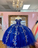 Royal Blue Ball Gown Quinceanera Dresses Off the Shoulder Beaded 3D FLowers Sweet 16 Dress Girls Party Gowns vestidos de quincea?era HZ1023