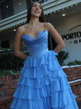 Unique A Line Sweetheart Neck Blue Lace Satin Chiffon Long Prom Dress Evening Dress HZ1023