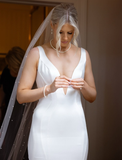 Elegant Mermaid Deep V Neck White Satin Long Sweep Wedding Dress HZ1023