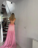 Pink Backless Chiffon A Line Evening Party Dress Long Prom Dress HZ1023