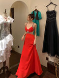 Vintage A Line Spaghetti Strap Red Beaded Sequin Chiffon Long Open Back Prom Dress Evening Dress HZ1023