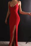V Neck Spaghetti Straps Red Elastic Satin Slit Long Prom Dresses HZ1023