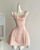 Cute A Line Straps Bow Light Pink Satin Short Homecoming Dress Cocktail Dress HZ1023