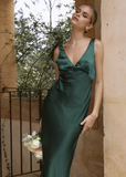 Cute Sheath V Neck Blue Satin Bridesmaid Dress Evening Dress HZ1023