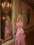 Elegant Mermaid Off the Shoulder Bow Pink Satin Long Prom Dress Evening Dress HZ1023