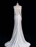 Elegant Sheath Spaghetti Strap Lace Satin Long Sweep Prom Dress Graduation Prom Dress HZ1023