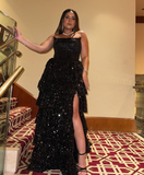 Sexy A Line Strapless Tiered Black Sequin Long Prom Dress Graduation Prom Dress with Slit HZ1023