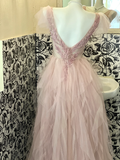 Classic Pink A Line V Neck Beaded Tulle Long Party Dress Prom Dress Formal Dress HZ1023