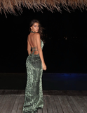 Charming Sheath Halter Green Velvet Open Back Prom Dress Evening Dress HZ1023