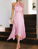 Elegant A Line One Shoulder Pleated Pink Satin Bridesmaid Dress Evening Dress HZ1023