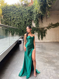 Strapless Green Slit Pleated Long Prom Dress Mermaid Evening Dress HZ1023