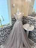 Dusty Rose Quartz A Line Round Neck White Appliques Tulle Long Party Dress Prom Dress Formal Dress HZ1023