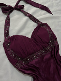 Vintage A Line Halter Beaded Purple Satin Open Back Prom Dress Graduation Prom Dress HZ1023