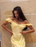 Gentle Yellow A Line Puff Lace Satin Long Prom Dress Party Dress Date Dress HZ1023
