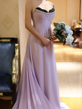 Lilac A Line Sweetheart Neck Beaded Satin Chiffon Long Prom Dress Evening Dress HZ1023