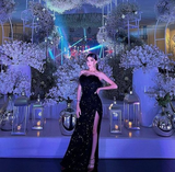 Charming Black Sequins Sweetheart Neck Slit Prom Dress Strapless Party Dress HZ1023