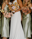 Simple Sheath Spaghetti Strap Sage Green Satin Evening Dress Bridesmaid Dress HZ1023