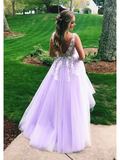 Purple Tulle Appliques V Neck Prom Dresses HZ1023