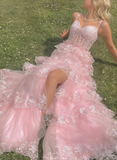 Princess A Line Strap Corset Tiered Embroidered Pink Tulle Prom Dress Evening Dress HZ1023