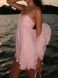 Pink A Line Spaghetti Strap Chiffon Short Vacation Dress Beach Dress Outfits HZ1023