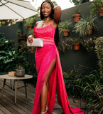 Pink Sheath Strapless Sequin Satin Long Prom Dress Graduation Prom Dress with Slit HZ1023