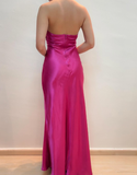 Hot Pink Mermaid V Neck Beaded Satin Open Back Prom Dress Evening Dress HZ1023