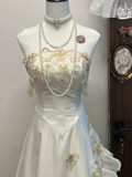 Vintage A Line Strapless Golden Appliques White Satin Long Prom Dress Party Dress HZ1023