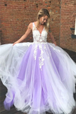 Purple Tulle Appliques V Neck Prom Dresses HZ1023