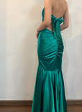 Vintage Mermaid Halter V Neck Green Satin Open Back Long Prom Dress Evening Dress HZ1023