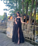 Elegant Black Sweatheart Neck Slit Long Prom Dress Lace Tulle Evening Dress HZ1023